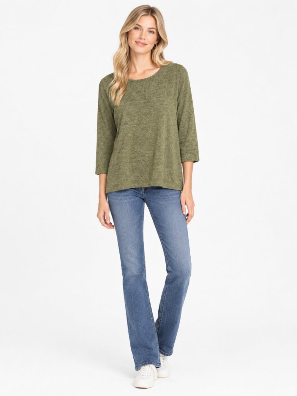 2/$30 Chico's Bateau Neck Knit Top 3/4 Sleeve Heather Olive 12 #A5160